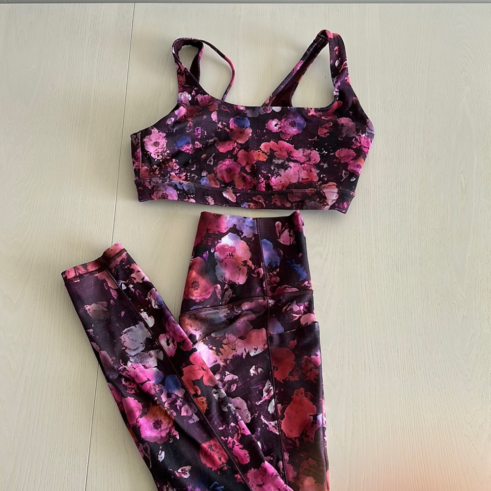 Athleta Floral Pink and Purple Sports Bra and Leggings Set
